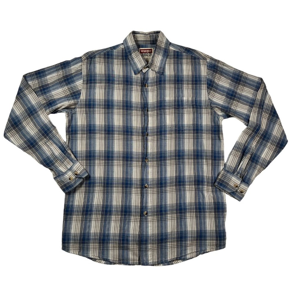 Wrangler Shirt Men's Long Sleeve Collared Plaid Button Up Blue Cream Tan Medium